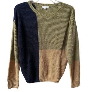 Mine Colorblock Crewneck Pullover Knit Sweater Womens Small Olive Green Navy